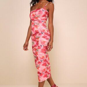 NWT Lulus Blossoming Excellence Pink Floral Mesh Ruched Midi Dress - Size XS